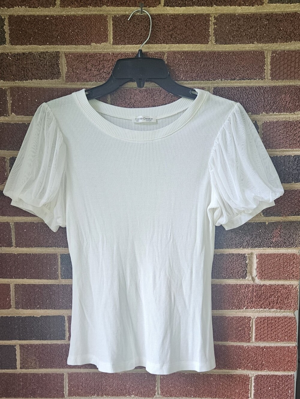 Carole Christian White Ribbed Tee with Sheer Puff Sleeves Size Small